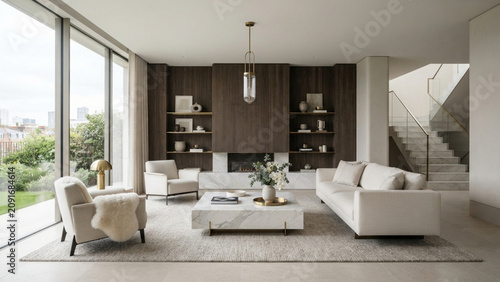 Elegant Living Room with Dark Wood Paneling Fireplace and Grand Staircase