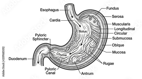 Obraz na plátně Human Stomach Anatomy Diagram: Esophagus, Duodenum, Layers, and Digestion