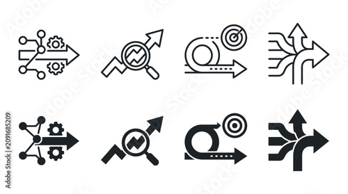 Agile business methodology and strategic workflow icon set for planning with business workflow methodology strategy