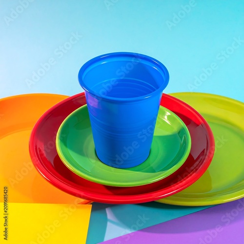 Colorful Plastic Cup and Plates Arranged on Bright Multicolor Background