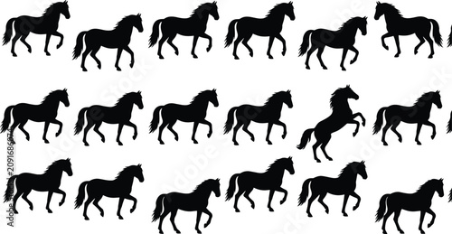 Canvastavla Herd of horses silhouette set with wild stallions walking running trotting and r
