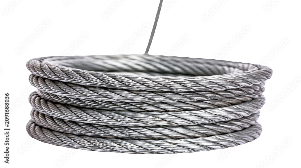 Obraz premium Thick steel wire rope coiled tightly, isolated on transparent background
