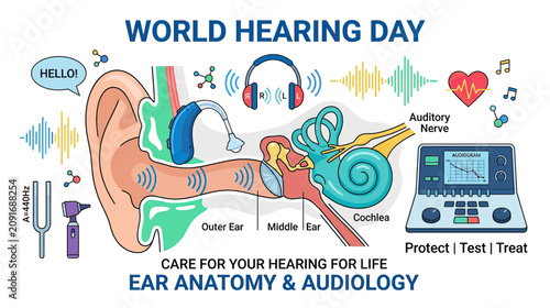 Fotografie World Hearing Day: Ear Anatomy, Audiology, Hearing Health Awareness & Care