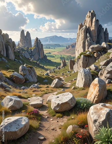 A winding trail leads through a valley strewn with rocks towards imposing rock formations and a verdant plain under a cloudy sky