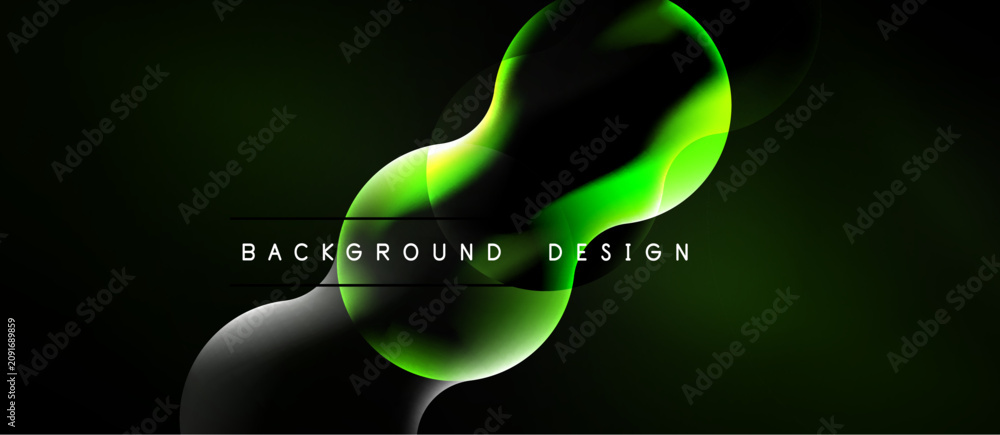 Naklejka premium Abstract green shapes overlap dark background. Modern design features flowing lines, gradients, text elements. Minimalist aesthetic.