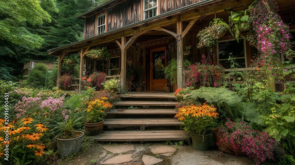 Fototapeta premium Charming Rustic House Surrounded by Lush Greenery and Vibrant Flowerbeds in a Peaceful Forest Setting with Inviting Front Steps and Warm Atmosphere