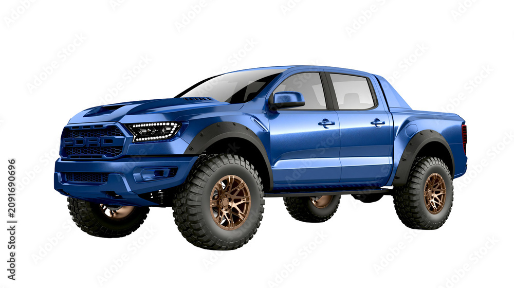 Obraz premium Blue Ford Ranger Raptor pickup truck with aggressive off-road tires, isolated on transparent background