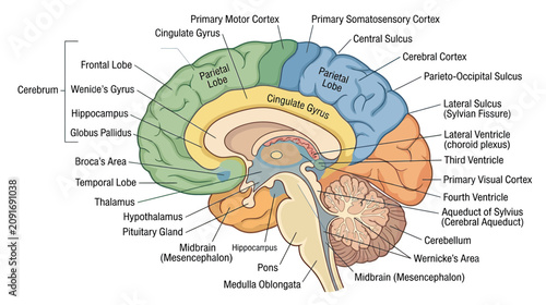 Human Brain Anatomy Diagram - Sagittal View with Labels