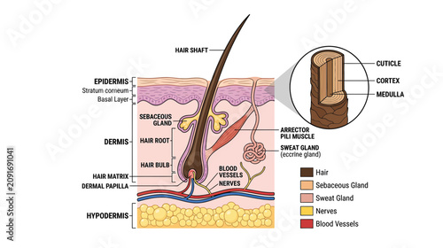 Quadro su tela Human Skin Anatomy Cross-Section with Hair Follicle and Sweat Gland Diagram