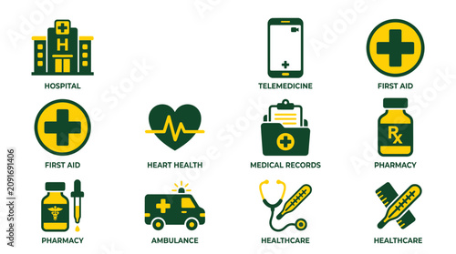Konstfotografi Flat design icons depicting various aspects of modern healthcare services and medical facilities