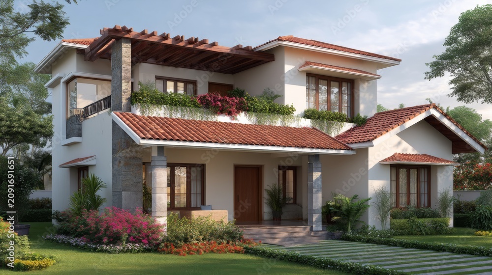 Fototapeta premium Elegant modern house design with landscaped garden, red tile roof, and stylish architecture in a serene outdoor setting with sunlight and greenery