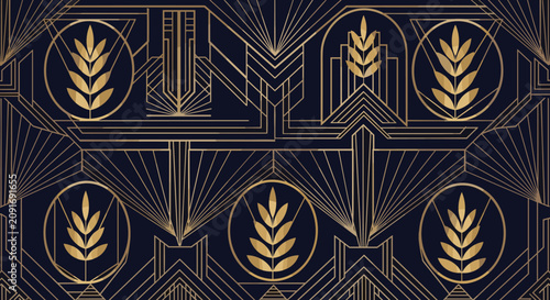 Luxury Cobalt Blue Art Deco Background, Gold Linear Geometric Leaf Pattern, 2026 Editorial Wedding Vector.