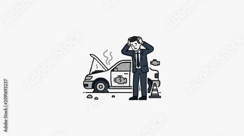 Tableau sur toile Elegant Black and White of Frustrated Man with Broken Down Car by Roadside with