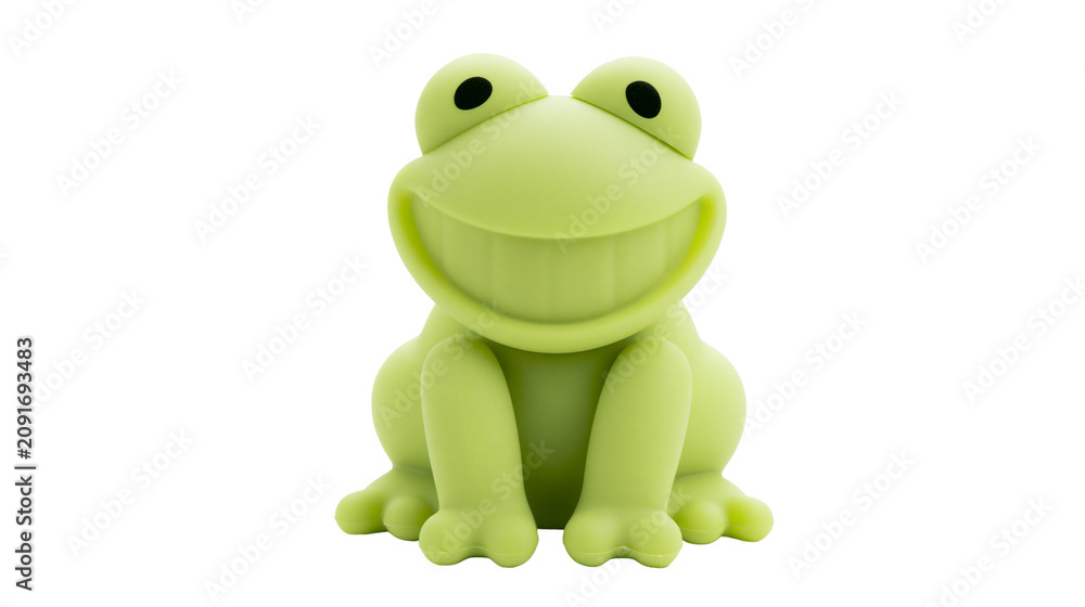 Obraz premium Cute green cartoon frog toy with big smile, isolated on transparent background