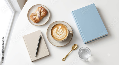 Aesthetic coffee latte art with delicious pastry and notebook,elegant morning breakfast table,chicken and colorful vegetables, organized clean eating food preparation flatlay,healthy detox beverage