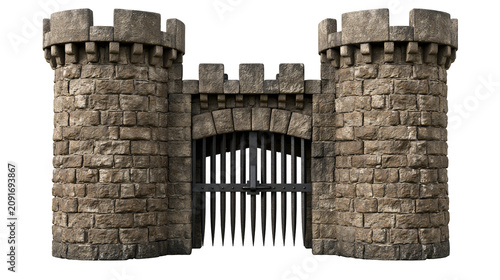 Photos Medieval stone castle gatehouse with crenellated towers and spiked iron bars, is