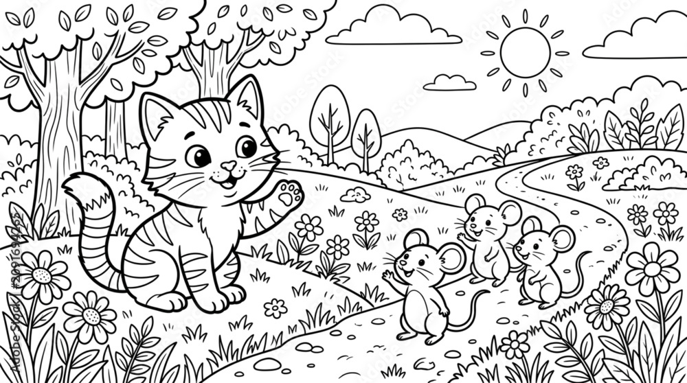 Fototapeta premium Cute Cat Meeting Friendly Mice in Sunny Forest Coloring Page for Kids Educational Activity Sheet for Preschoolers and Kindergarten