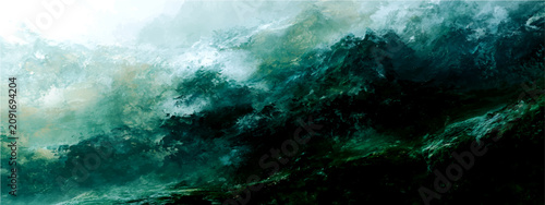 Tableau sur toile Turbulent seascape depicts crashing waves against dramatic rocky coastline, conveying raw power untamed nature