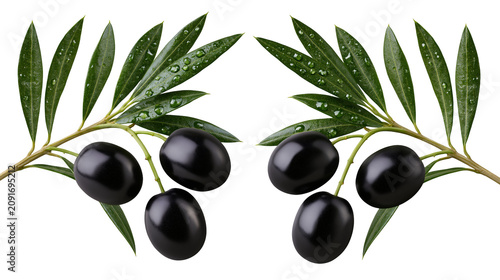 Foto Two olive branches with ripe black olives and water droplets, isolated on transp