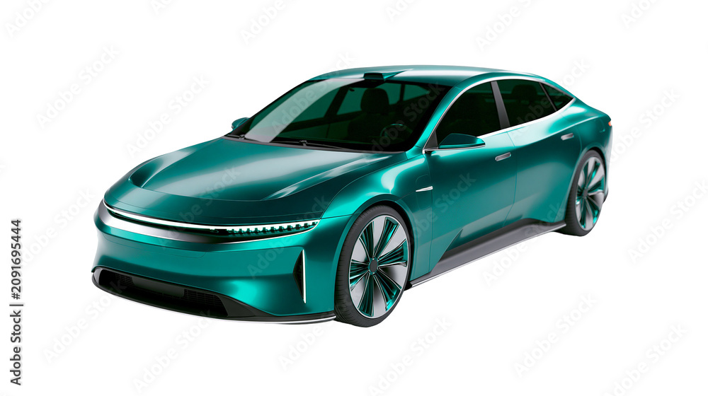 Fototapeta premium Sleek teal electric sedan with futuristic LED headlights, isolated on transparent background