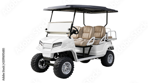 Konstfotografi White four-seater golf cart with tan seats and black roof, isolated on transpare