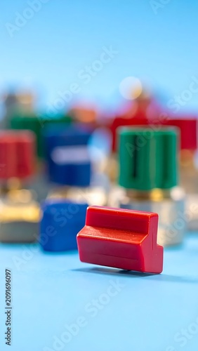 Red Toy Block on a Blue Surface with Blurred Colorful Blocks in the Background