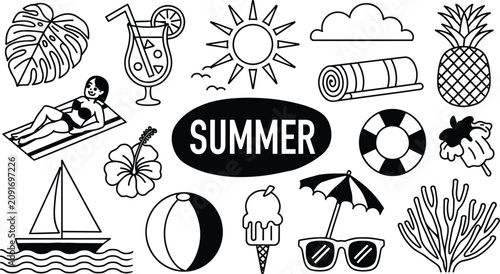 Tableau sur toile Summer beach lifestyle vector illustration elements pack with sunbathing woman s