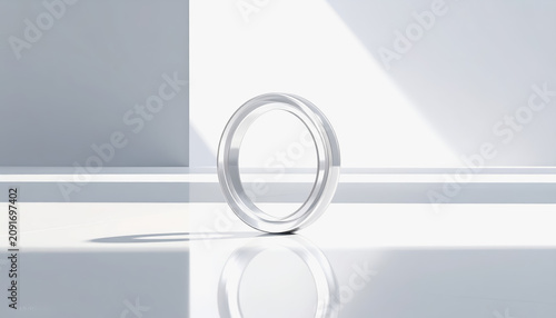 Minimalist abstract render of a silver ring with soft light and shadows on a white background