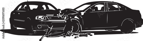 Car accident, two vehicles collide, black silhouette