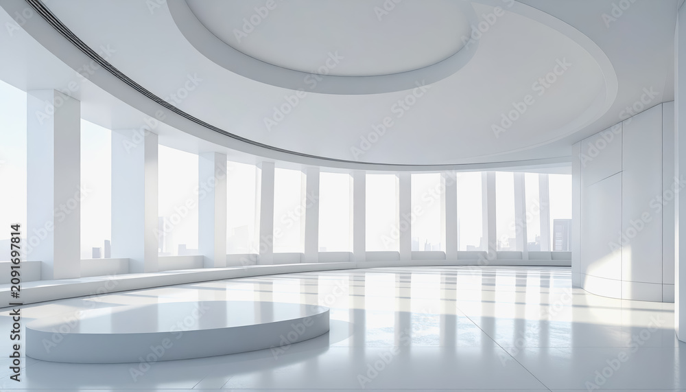 Fototapeta premium Modern minimalist white interior with large panoramic windows and circular podium