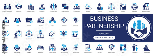 Canvastavla Business partnership solid icon set featuring handshake, agreement, collaboration, trust, business deals, communication, and contracts