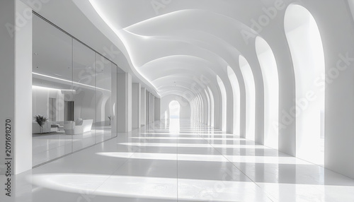 Modern white architectural corridor with glass walls and natural light