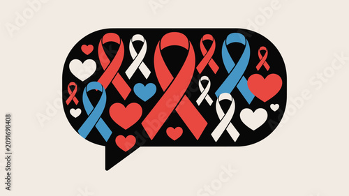 Awareness ribbons and small hearts are displayed within a speech bubble shape to represent communal support for health and social causes.