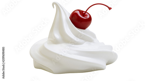 Photos Swirl of white soft serve ice cream topped with a glossy red maraschino cherry,