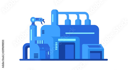A modern blue industrial factory building with a robotic arm, pipes, and tanks, representing automation and manufacturing processes.