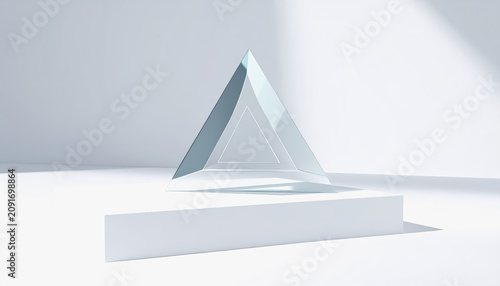Glass pyramid on a white pedestal, minimalist studio with light and shadow