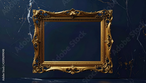 Ornate Gold Baroque Picture Frame on Dark Blue Marble Background