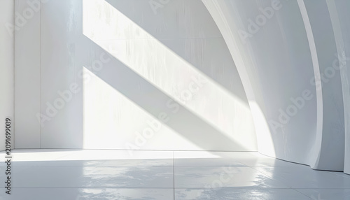 Sunlight Streaks on White Tiled Floor and Curved Wall Interior