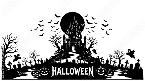 Photography Black silhouette Halloween haunted house scene.