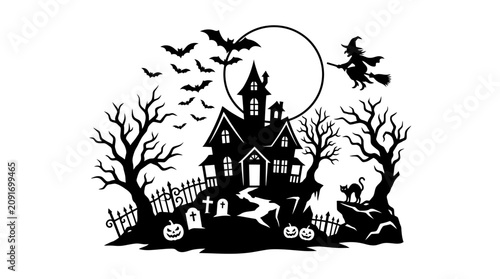 Φωτογραφία Black silhouette haunted house with bats.