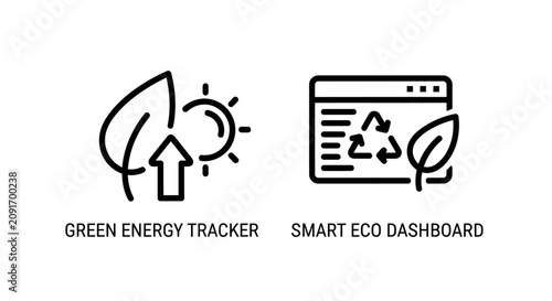 Green energy tracker and smart eco dashboard outline icon pair with dashboard