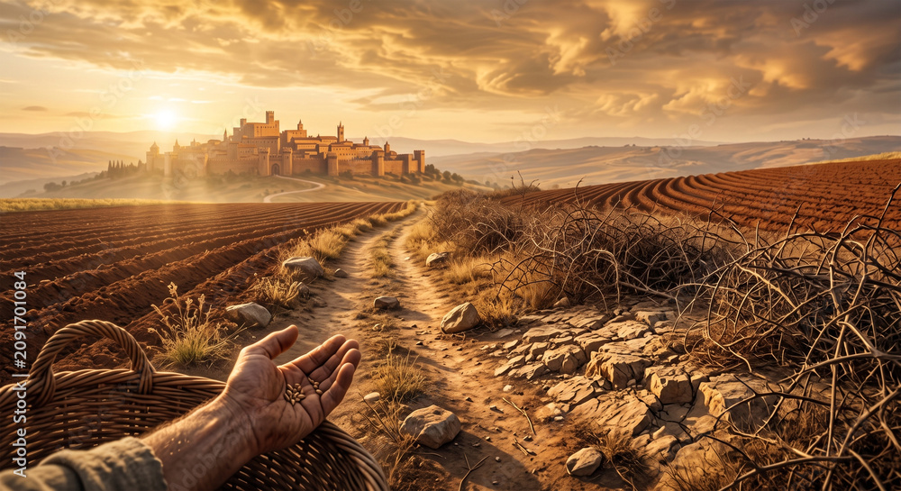 Obraz premium Bible, A low-key, dramatic photograph from the Sower’s point of view, looking out over the varied terrain of the field—the path, the rocks, the thorns, and the good earth.