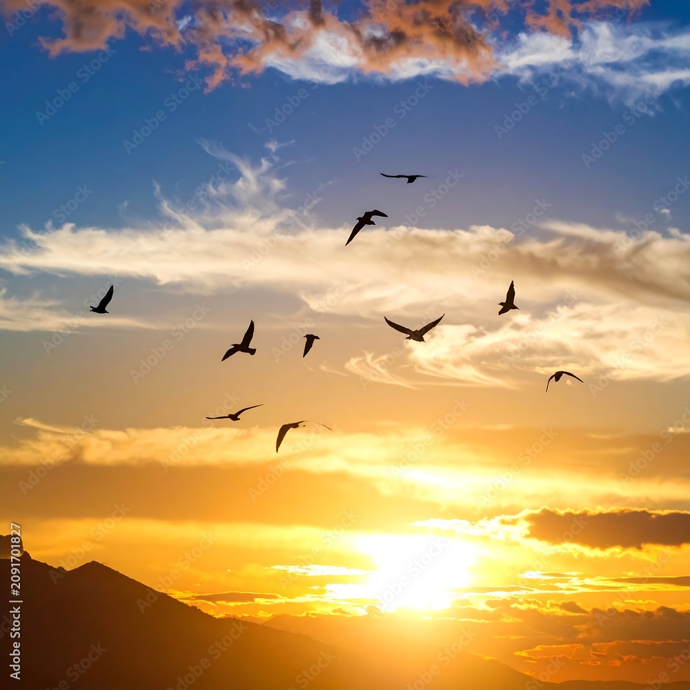 Fototapeta premium Birds Flying in Sunset Sky Over Mountains