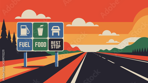 Road sign stands beside an empty highway at sunset indicating the availability of fuel, food, and rest stop facilities for weary travelers on a long road trip.