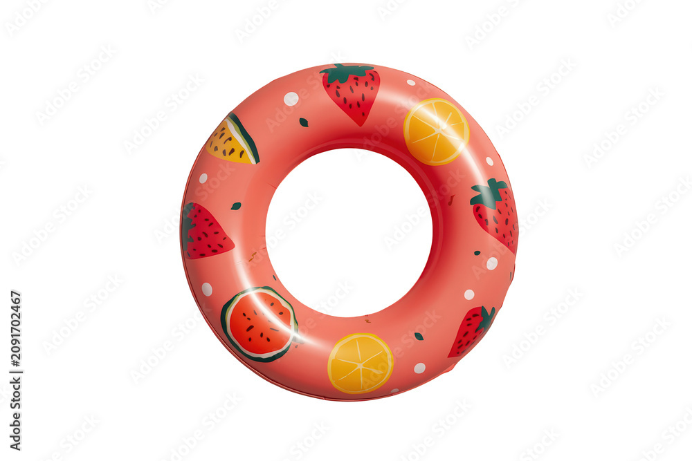 Naklejka premium Inflatable swim ring with colorful fruit pattern perfect for summer vacation fun on transparent background