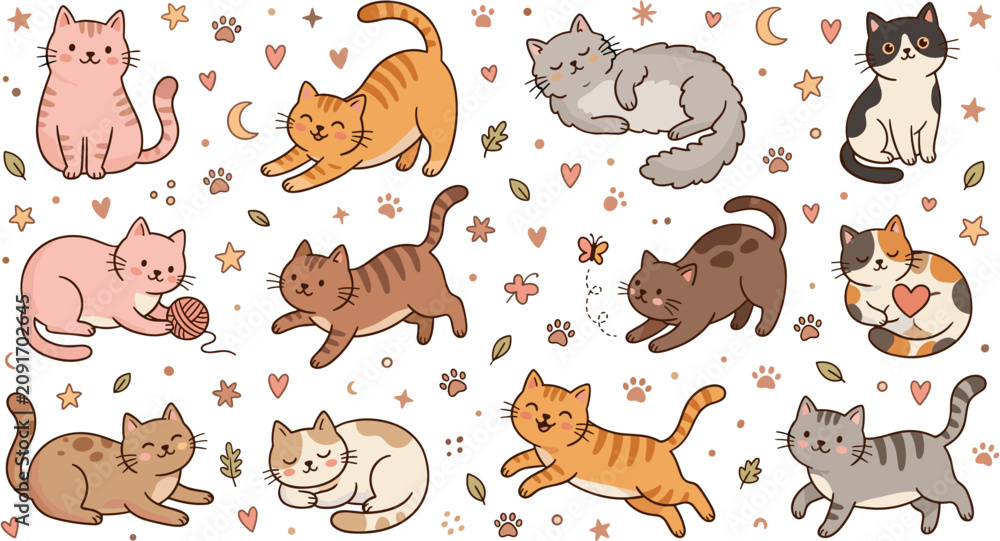 Obraz premium Cute Hand Drawn Cartoon Cats Seamless Pattern with Stars and Hearts on Black Background.