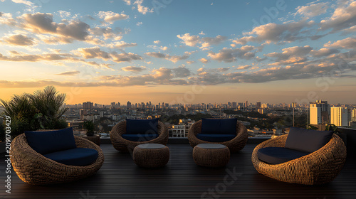 Contemporary Rooftop Lounge Area with Cityscape View at Sunset