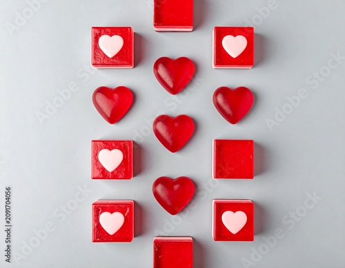 Red Hearts and Boxes Arranged on Gray Background