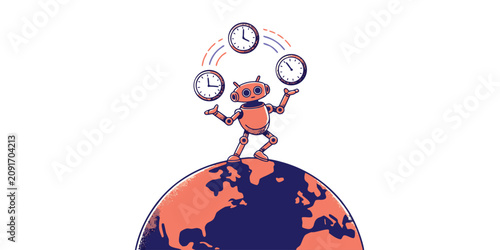 Narrative vector illustration of a cute robot balancing multiple clocks on top of the planet earth