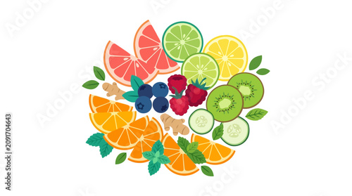 Fresh Organic Fruit and Vegetable Ingredients for Detox Drink Flat Lay Composition